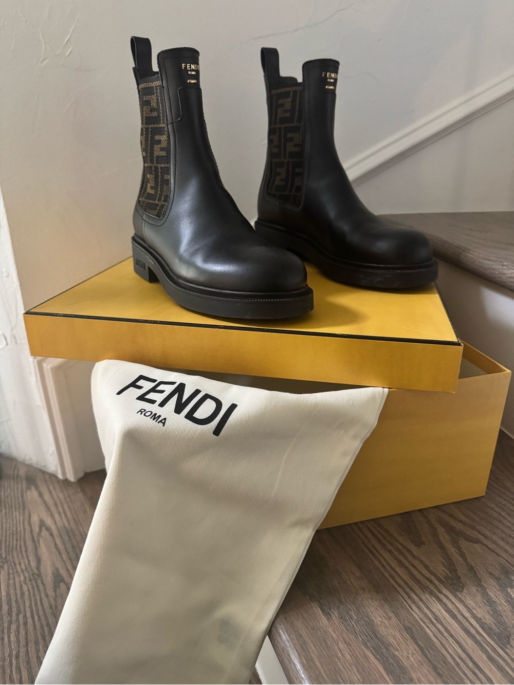 Fendi Black Leather Chelsea Boots with Brown FF Elastic